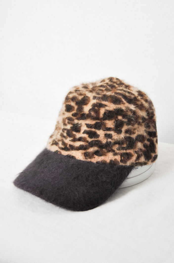 Vintage Fuzzy Angora Cheetah Print Ball Cap Hat