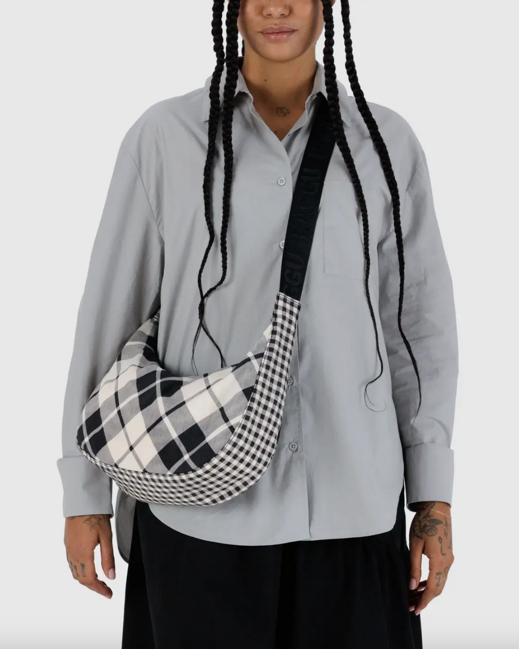 Medium Nylon Crescent Bag | Mixed Plaid