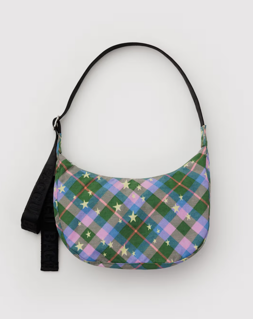 Medium Nylon Crescent Bag | Green Star Plaid
